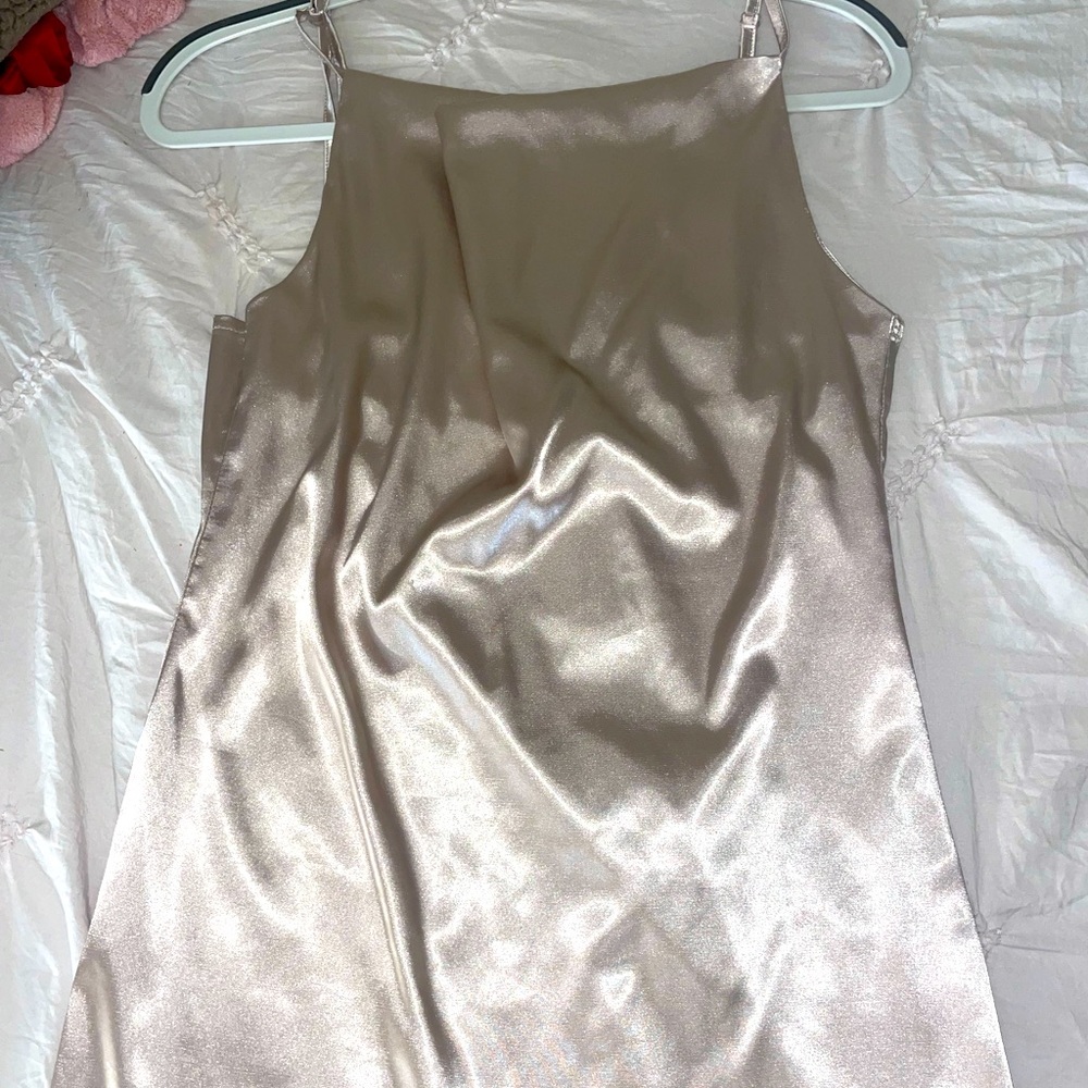 Champagne colored dress. Runs big.